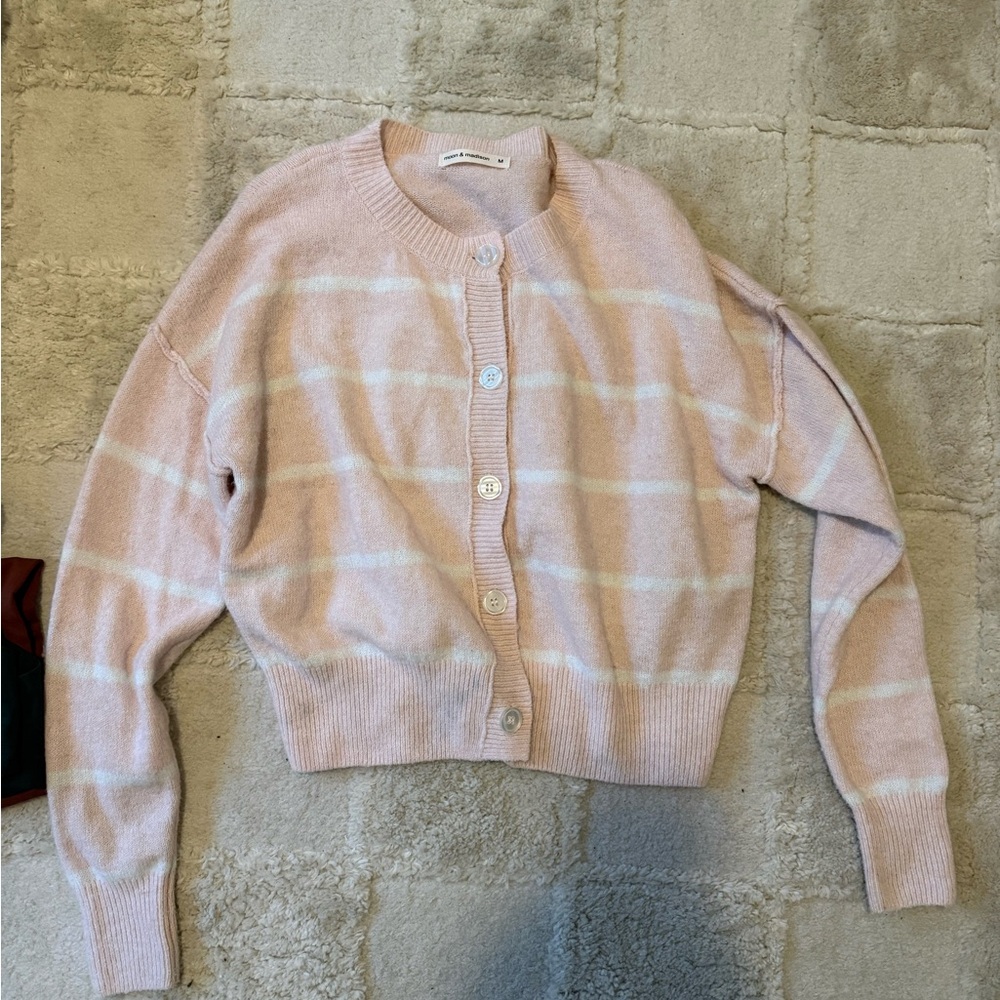 Moon & Madison Soft Pink Plaid Cardigan